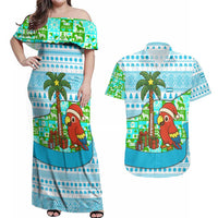 Honduras Christmas Couples Matching Off Shoulder Maxi Dress and Hawaiian Shirt with Santa Parrot Palm Tree and Tropical Gift Pattern Design - Wonder Print Shop