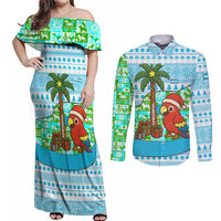 Honduras Christmas Couples Matching Off Shoulder Maxi Dress and Long Sleeve Button Shirt with Santa Parrot Palm Tree and Tropical Gift Pattern Design - Wonder Print Shop