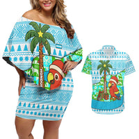 Honduras Christmas Couples Matching Off Shoulder Short Dress and Hawaiian Shirt with Santa Parrot Palm Tree and Tropical Gift Pattern Design - Wonder Print Shop