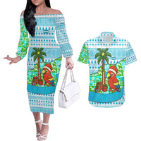 Honduras Christmas Couples Matching Off The Shoulder Long Sleeve Dress and Hawaiian Shirt with Santa Parrot Palm Tree and Tropical Gift Pattern Design - Wonder Print Shop