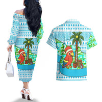 Honduras Christmas Couples Matching Off The Shoulder Long Sleeve Dress and Hawaiian Shirt with Santa Parrot Palm Tree and Tropical Gift Pattern Design - Wonder Print Shop