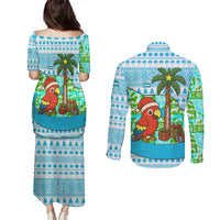 Honduras Christmas Couples Matching Puletasi and Long Sleeve Button Shirt with Santa Parrot Palm Tree and Tropical Gift Pattern Design - Wonder Print Shop