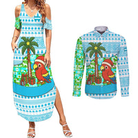 Honduras Christmas Couples Matching Summer Maxi Dress and Long Sleeve Button Shirt with Santa Parrot Palm Tree and Tropical Gift Pattern Design - Wonder Print Shop