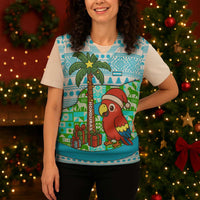 Honduras Christmas Knitted V-Neck Vest with Santa Parrot Palm Tree and Tropical Gift Pattern Design - Wonder Print Shop
