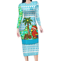 Honduras Christmas Long Sleeve Bodycon Dress with Santa Parrot Palm Tree and Tropical Gift Pattern Design - Wonder Print Shop