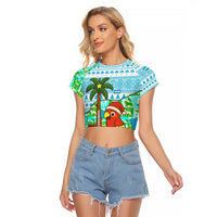 Honduras Christmas Raglan Cropped T Shirt with Santa Parrot Palm Tree and Tropical Gift Pattern Design - Wonder Print Shop