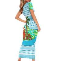 Honduras Christmas Short Sleeve Bodycon Dress with Santa Parrot Palm Tree and Tropical Gift Pattern Design - Wonder Print Shop