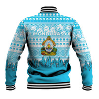 Honduras Christmas Baseball Jacket with National Emblem Palm Trees and Snowflake Pattern Design - Wonder Print Shop