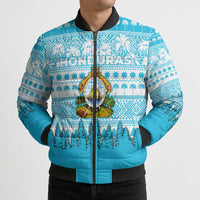 Honduras Christmas Bomber Puffer Jacket with National Emblem Palm Trees and Snowflake Pattern Design - Wonder Print Shop