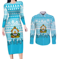 Honduras Christmas Couples Matching Long Sleeve Bodycon Dress and Long Sleeve Button Shirt with National Emblem Palm Trees and Snowflake Pattern Design - Wonder Print Shop