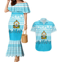 Honduras Christmas Couples Matching Mermaid Dress and Hawaiian Shirt with National Emblem Palm Trees and Snowflake Pattern Design - Wonder Print Shop