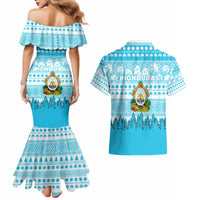 Honduras Christmas Couples Matching Mermaid Dress and Hawaiian Shirt with National Emblem Palm Trees and Snowflake Pattern Design - Wonder Print Shop