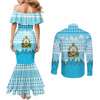 Honduras Christmas Couples Matching Mermaid Dress and Long Sleeve Button Shirt with National Emblem Palm Trees and Snowflake Pattern Design - Wonder Print Shop