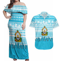Honduras Christmas Couples Matching Off Shoulder Maxi Dress and Hawaiian Shirt with National Emblem Palm Trees and Snowflake Pattern Design - Wonder Print Shop