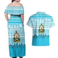 Honduras Christmas Couples Matching Off Shoulder Maxi Dress and Hawaiian Shirt with National Emblem Palm Trees and Snowflake Pattern Design - Wonder Print Shop