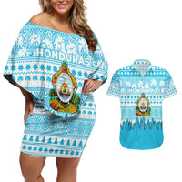 Honduras Christmas Couples Matching Off Shoulder Short Dress and Hawaiian Shirt with National Emblem Palm Trees and Snowflake Pattern Design - Wonder Print Shop