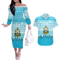 Honduras Christmas Couples Matching Off The Shoulder Long Sleeve Dress and Hawaiian Shirt with National Emblem Palm Trees and Snowflake Pattern Design - Wonder Print Shop
