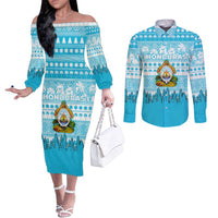 Honduras Christmas Couples Matching Off The Shoulder Long Sleeve Dress and Long Sleeve Button Shirt with National Emblem Palm Trees and Snowflake Pattern Design - Wonder Print Shop