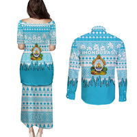 Honduras Christmas Couples Matching Puletasi and Long Sleeve Button Shirt with National Emblem Palm Trees and Snowflake Pattern Design - Wonder Print Shop