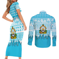 Honduras Christmas Couples Matching Short Sleeve Bodycon Dress and Long Sleeve Button Shirt with National Emblem Palm Trees and Snowflake Pattern Design - Wonder Print Shop
