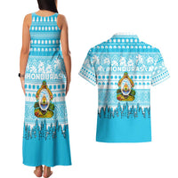 Honduras Christmas Couples Matching Tank Maxi Dress and Hawaiian Shirt with National Emblem Palm Trees and Snowflake Pattern Design - Wonder Print Shop