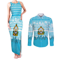 Honduras Christmas Couples Matching Tank Maxi Dress and Long Sleeve Button Shirt with National Emblem Palm Trees and Snowflake Pattern Design - Wonder Print Shop