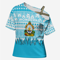 Honduras Christmas Cross Shoulder Shirt with National Emblem Palm Trees and Snowflake Pattern Design - Wonder Print Shop