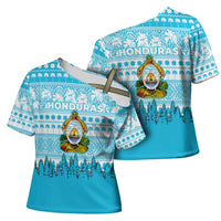 Honduras Christmas Cross Shoulder Shirt with National Emblem Palm Trees and Snowflake Pattern Design - Wonder Print Shop