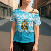 Honduras Christmas Cross Shoulder Shirt with National Emblem Palm Trees and Snowflake Pattern Design - Wonder Print Shop