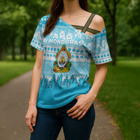 Honduras Christmas Cross Shoulder Shirt with National Emblem Palm Trees and Snowflake Pattern Design - Wonder Print Shop