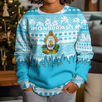 Honduras Christmas Kid Ugly Christmas Sweater with National Emblem Palm Trees and Snowflake Pattern Design - Wonder Print Shop