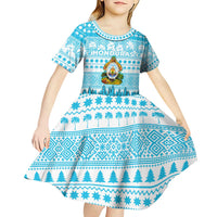 Honduras Christmas Kid Short Sleeve Dress with National Emblem Palm Trees and Snowflake Pattern Design - Wonder Print Shop