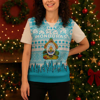 Honduras Christmas Knitted V-Neck Vest with National Emblem Palm Trees and Snowflake Pattern Design - Wonder Print Shop
