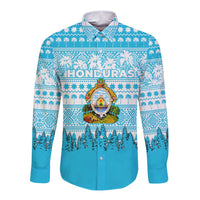 Honduras Christmas Long Sleeve Button Shirt with National Emblem Palm Trees and Snowflake Pattern Design - Wonder Print Shop