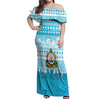 Honduras Christmas Off Shoulder Maxi Dress with National Emblem Palm Trees and Snowflake Pattern Design - Wonder Print Shop