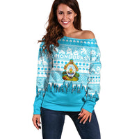 Honduras Christmas Off Shoulder Sweater with National Emblem Palm Trees and Snowflake Pattern Design - Wonder Print Shop