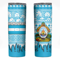 Honduras Christmas Skinny Tumbler with National Emblem Palm Trees and Snowflake Pattern Design - Wonder Print Shop