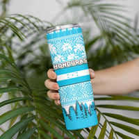 Honduras Christmas Skinny Tumbler with National Emblem Palm Trees and Snowflake Pattern Design - Wonder Print Shop