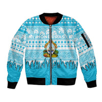 Honduras Christmas Sleeve Zip Bomber Jacket with National Emblem Palm Trees and Snowflake Pattern Design - Wonder Print Shop