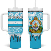 Honduras Christmas Tumbler With Handle with National Emblem Palm Trees and Snowflake Pattern Design - Wonder Print Shop