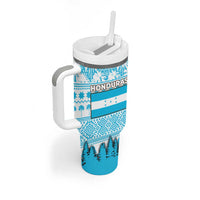 Honduras Christmas Tumbler With Handle with National Emblem Palm Trees and Snowflake Pattern Design - Wonder Print Shop