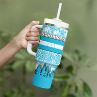 Honduras Christmas Tumbler With Handle with National Emblem Palm Trees and Snowflake Pattern Design - Wonder Print Shop