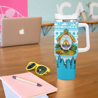 Honduras Christmas Tumbler With Handle with National Emblem Palm Trees and Snowflake Pattern Design - Wonder Print Shop
