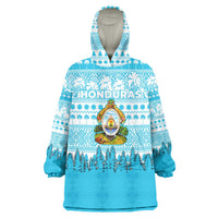 Honduras Christmas Wearable Blanket Hoodie with National Emblem Palm Trees and Snowflake Pattern Design - Wonder Print Shop
