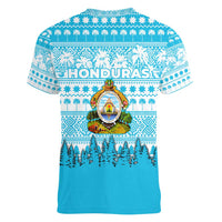 Honduras Christmas Women V-Neck T-Shirt with National Emblem Palm Trees and Snowflake Pattern Design - Wonder Print Shop