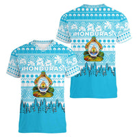 Honduras Christmas Women V-Neck T-Shirt with National Emblem Palm Trees and Snowflake Pattern Design - Wonder Print Shop