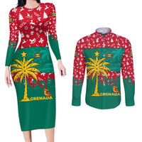 Grenada Christmas Couples Matching Long Sleeve Bodycon Dress and Long Sleeve Button Shirt with Palm Tree Bird and Tropical Holiday Pattern Design - Wonder Print Shop