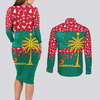 Grenada Christmas Couples Matching Long Sleeve Bodycon Dress and Long Sleeve Button Shirt with Palm Tree Bird and Tropical Holiday Pattern Design - Wonder Print Shop