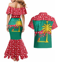 Grenada Christmas Couples Matching Mermaid Dress and Hawaiian Shirt with Palm Tree Bird and Tropical Holiday Pattern Design - Wonder Print Shop