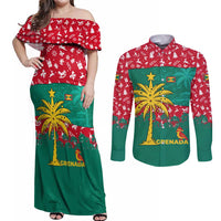 Grenada Christmas Couples Matching Off Shoulder Maxi Dress and Long Sleeve Button Shirt with Palm Tree Bird and Tropical Holiday Pattern Design - Wonder Print Shop